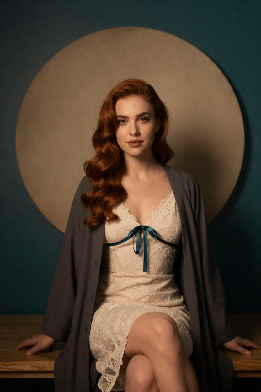 Fictional 29-year-old woman, auburn hair in long polished waves over one shoulder, fair skin with a